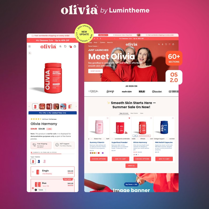 Puede incluir: Una vista previa digital de la plantilla de sitio web de comercio electr&oacute;nico Olivia by Lumintheme para Shopify OS 2.0. La pantalla muestra un dise&ntilde;o de p&aacute;gina de producto m&oacute;vil junto a una p&aacute;gina de inicio con listados de suplementos.
