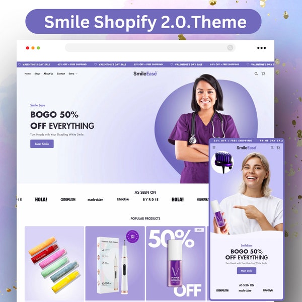 Modèle Smile thème Shopify, site Web Shopify minimaliste, conception de boutique Shopify 2.0, thème Shopify violet, conception de site Web de page de destination