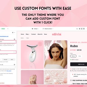 Puede incluir: Una interfaz digital que muestra un editor de temas de sitios web con una barra lateral para configuraciones de fuentes personalizadas y una vista previa de p&aacute;gina de producto para un dispositivo de cuidado de la piel llamado Rubo, con el texto USE CUSTOM FONTS WITH EASE y THE ONLY THEME WHERE YOU CAN ADD CUSTOM FONT WITH 1 CLICK!