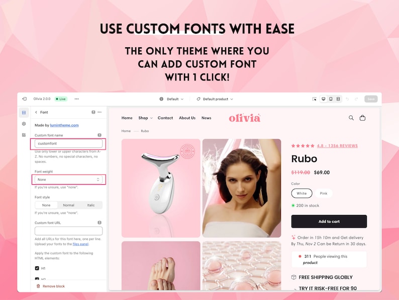 Puede incluir: Una interfaz digital que muestra un editor de temas de sitios web con una barra lateral para configuraciones de fuentes personalizadas y una vista previa de p&aacute;gina de producto para un dispositivo de cuidado de la piel llamado Rubo, con el texto USE CUSTOM FONTS WITH EASE y THE ONLY THEME WHERE YOU CAN ADD CUSTOM FONT WITH 1 CLICK!