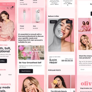 Puede incluir: Una interfaz de sitio web m&oacute;vil para una marca de cuidado de la piel llamada Olivia, con un esquema de color rosa, listados de productos de depilaci&oacute;n, comparaciones de antes y despu&eacute;s, testimonios e integraci&oacute;n de redes sociales.
