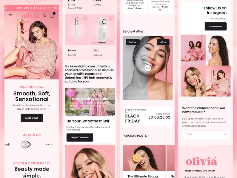 Puede incluir: Una interfaz de sitio web m&oacute;vil para una marca de cuidado de la piel llamada Olivia, con un esquema de color rosa, listados de productos de depilaci&oacute;n, comparaciones de antes y despu&eacute;s, testimonios e integraci&oacute;n de redes sociales.