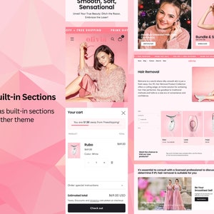 Puede incluir: Una visualizaci&oacute;n digital del tema de sitio web de comercio electr&oacute;nico Olivia que presenta m&uacute;ltiples secciones de dise&ntilde;o, listados de productos de depilaci&oacute;n, una interfaz de carrito de compras y banners promocionales con fondos geom&eacute;tricos rosas.