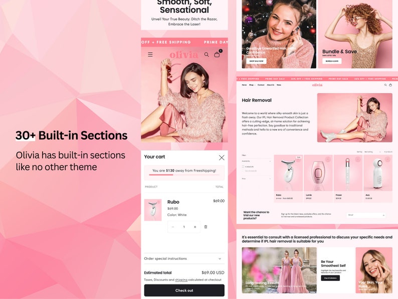 Puede incluir: Una visualizaci&oacute;n digital del tema de sitio web de comercio electr&oacute;nico Olivia que presenta m&uacute;ltiples secciones de dise&ntilde;o, listados de productos de depilaci&oacute;n, una interfaz de carrito de compras y banners promocionales con fondos geom&eacute;tricos rosas.