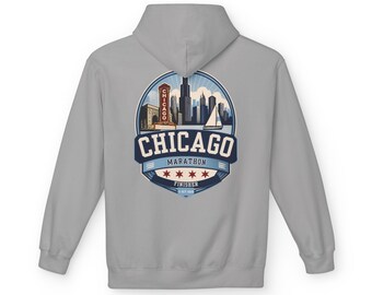 2026 Chicago Marathon Badge Hoodie | Chicago skyline, race logo, Chicago stars