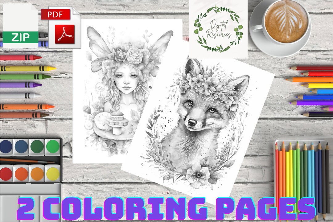 2 Beautiful Printable Coloring Pages, Coloring for Adults, Png, Zipfile ...