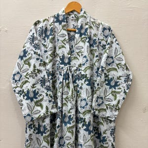 Weiß Floral Hand Block Print Voll Ärmel Kleid, Block-Print Kleid, Midi Kleid, Mini Kleid, anpassen Messgröße ebenfalls verfügbar