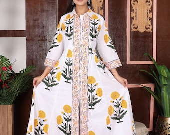 Hand Block Printed Dress, Yellow Colour Floral Print Dress, Indian Cotton Dress, Summer Women Dress, Long Women Dress, Gift For Her