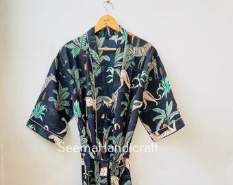 Schwarzer Safari-Print-Baumwollkimono-Robe, Bademäntel, Hausmantel-Robe, Strand-Verkleidung, Lounge-Wear, Freizeitkleidung