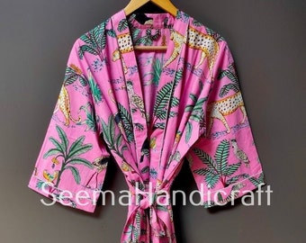 ROSA Safari Print Baumwolle Kimono Robe, Bademäntel, Hausmantel Robe, Strandhülle, Lounge Wear, Freizeitkleidung
