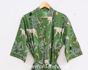 Peignoir kimono en coton vert à imprimé safari, peignoirs, peignoir de bain, tenue de plage, tenues de détente, tenues décontractées