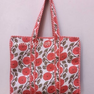 Gesteppte Baumwolle handbedruckt reversibel große mehrfarbige Blumen Einkaufstasche Umweltfreundliche nachhaltige robuste Einkaufstasche handgemachte Boho Tasche