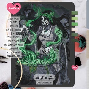 May include: Cross stitch pattern depicting a witch with green hair and vines, creating a green potion. The design includes the text "Green potion" and measurements of 22.13 x 32.29 cm. The pattern is by AnnyFunnyXx.