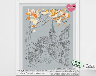 Blackwork European City Cross Stitch Pattern: Urban Sketch (PDF Pattern)