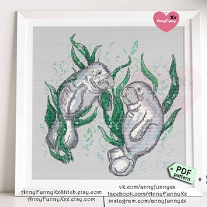 Manatee cross stitch pattern PDF Sea cow Needlepoint embroidery design handmade DIY Ocean wave Sea life Manatees gifts