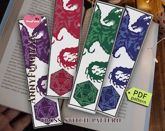 Set of 4 cross stitch pattern Bookmark Game masters dice D20 Dragon Epic Dragons blue Dungeon magic design Epic Fantasy dragon gift reader