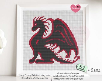 Easy black dragons cross stitch pattern PDF digital download Dungeon magic design Epic Fantasy dragon Geek gift for boyfriend Beginner chart