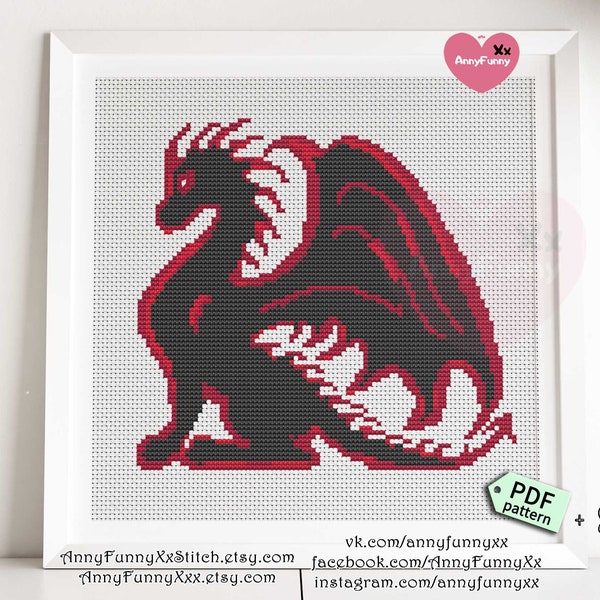 Easy black dragons cross stitch pattern PDF digital download Dungeon magic design Epic Fantasy dragon Geek gift for boyfriend Beginner chart