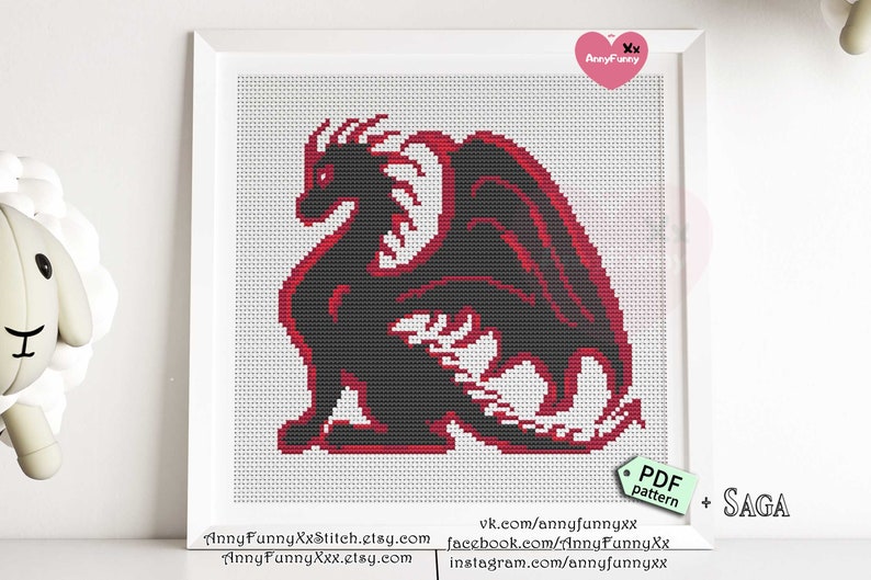 Easy black dragons cross stitch pattern PDF digital download Dungeon magic design Epic Fantasy dragon Geek gift for boyfriend Beginner chart image 1