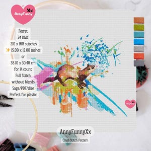 May include: A cross-stitch pattern featuring a ferret with colorful abstract paint splatters. The design measures 15.00 x 12.00 inches and includes the text "Ferret" and "AnnyFunnyXx Cross Stitch Pattern".