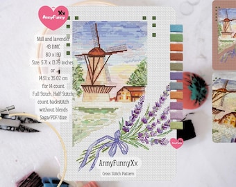 Lavender Field Windmill Cross Stitch Pattern: Provence Landscape (PDF)