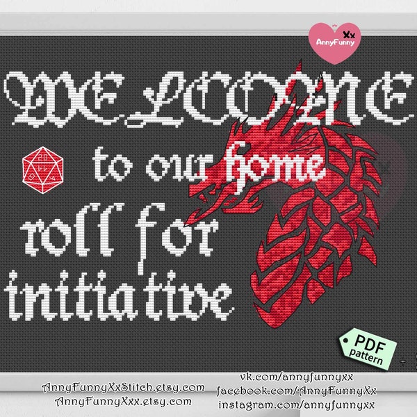 Dice  Welcome Roll For Initiative Cross stitch pattern PDF Nerdy geekery Unique home decor Game masters D20 Gift for gamer RPG Role Playing