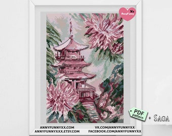 Peonies Ancient Chinese pagoda Cross stitch pattern PDF Asian style art decor Japanese architecture Korea Pink Floral Japan flower painting