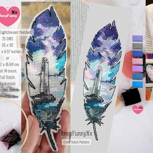 May include: A cross-stitch bookmark in the shape of a feather, featuring a lighthouse scene with a blue and purple sky. The bookmark measures 1.86 x 6.57 inches. The text "Bookmark Lighthouses feather" is visible.