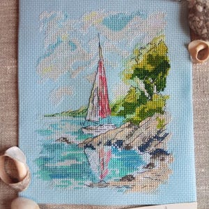 Aquarell Boote Kreuzstichmuster PDF Ozean Landschaft Meer Marine Italien Küste Stickerei Vintage Segelschiff Meerlandschaft