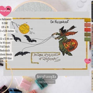 Vintage Halloween cross stitch pattern PDF, witch embroidery design handmade, Vintage style XStitch