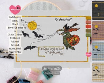 Vintage Halloween cross stitch pattern PDF, witch embroidery design handmade, Vintage style XStitch