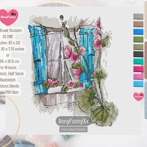 Cottage venster kruissteekpatroon Cottagecore blauwe bloemen luiken Digitale download Rustiek borduurwerk Zomerbloemen geteld grafiek