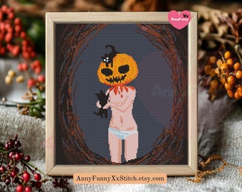Straszny wzór krzyżykowy na Halloween: Wiedźma, Dynia, Kot (wzór PDF)