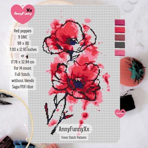 Red poppy cross stitch pattern PDF Easy needlepoint embroidery design for beginner Flower Poppies Flowers Instant Download Flower Watercolor
