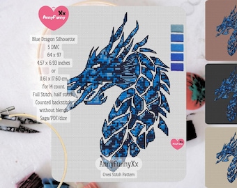 Blue dragon Cross stitch pattern PDF Fantasy magic dragons Needlepoint embroidery design Digital download