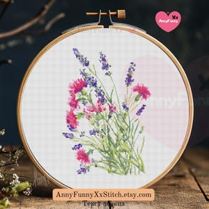Wilde bloemen kruissteekpatroon PDF bloemen geteld borduurontwerp wilde bloemen boeket lavendel bloemen anjer cadeau paars
