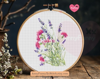Wildflower Bouquet Cross Stitch Pattern: Lavender & Carnation (PDF)