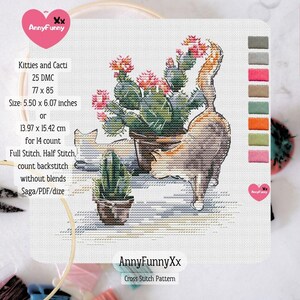 May include: Cross-stitch pattern featuring two cats and cacti. The design includes a large cactus with pink flowers and a smaller cactus in a pot. The text on the image reads "Kitties and Cacti" and the size is 5.50 x 6.07 inches.