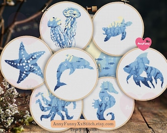 Bundel zeedieren kruissteekpatroon: Sea Life-borduurwerk (pdf-patroon)