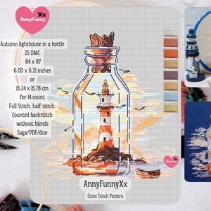 Patrón de punto de cruz de Faro en una botella de otoño: Bordado marino acogedor (PDF)