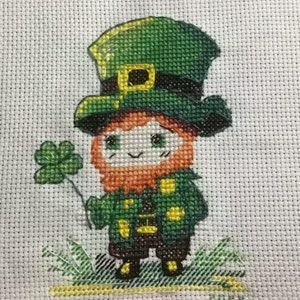 Leprechaun St Patrick Day cross stitch patterns Tiny Irish gnome Irish blessing Four leaves Funny small Lucky Shamrock needlepoint design