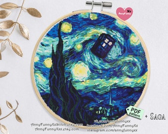 Modèle de point de croix Van Gogh Nuit étoilée : Boîte de police Doctor Who (Modèle PDF)