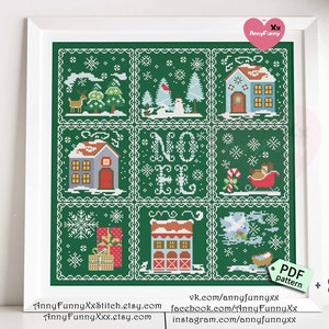 Merry Christmas Advent calendar Cross stitch pattern PDF Winter Advent Sampler Homemade holiday embroidery Noel Gingerbread village houses