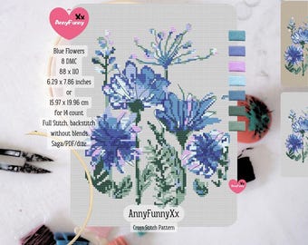 May include: A cross-stitch pattern featuring blue flowers, with the text "Blue Flowers" and color swatches. The design measures 6.29 x 7.86 inches and is for 14 count fabric. The pattern is by AnnyFunnyXx.