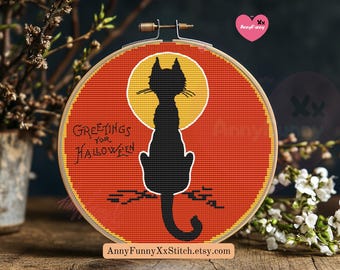 Vintage Halloween Black Cat Cross Stitch Pattern: Witch Embroidery (PDF Pattern)