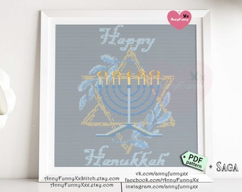 Happy Hannukah Cross stitch pattern Israel Jewish quotes Hebrew light Holiday Festive Stars Candles Hanukkah gift Judaica Menorah embroidery