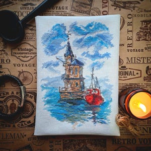 Beacon Light House Ocean Lighthouse cross stitch pattern PDF Seascape scene Needlepoint DIY crafts Ocean Lovers Gifts Sailing Sea Old ship