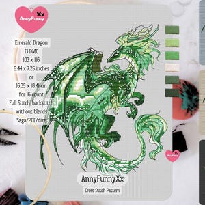Padrão de ponto cruz de dragão esmeralda, fantasia, magia, dragões, bordado, design, masmorra, faça você mesmo, presente para pai, presentes para namorado, gráfico para iniciantes, verde