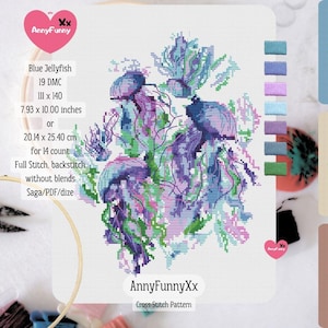 Blue Jellyfish Cross Stitch Pattern: Ocean Wave Needlepoint (PDF Downloadable Chart)