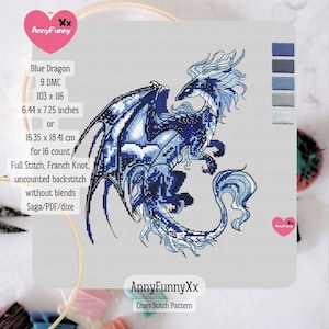 Padrão de ponto cruz de dragão azul Fantasia mágica dragões bordado design Dungeon DIY presente pai Presentes para namorado Gráfico iniciante